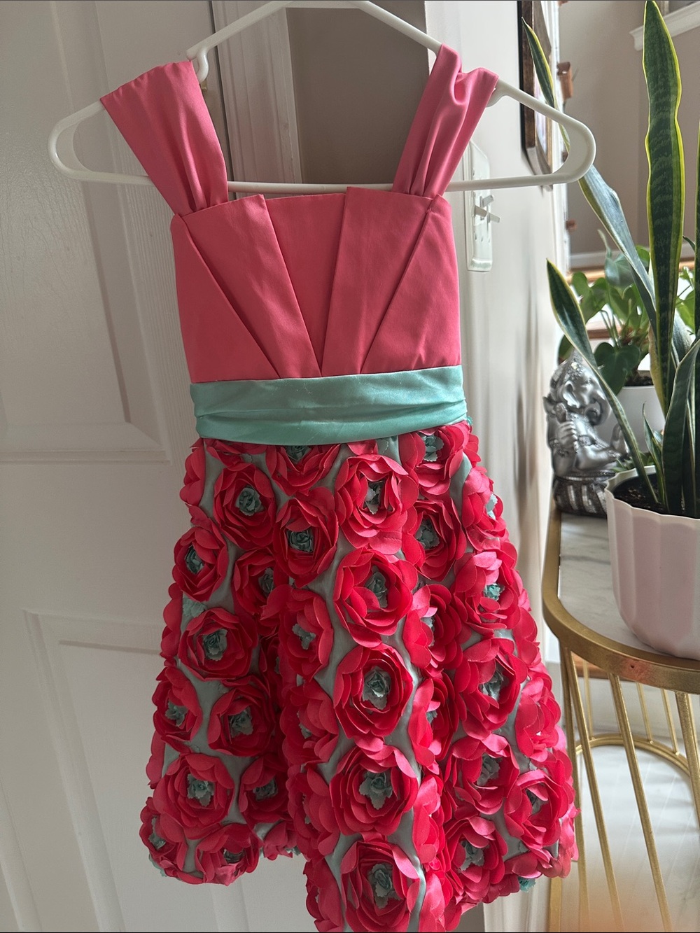 Girls Pink Floral Appliqué Party Dress with Mint Sash